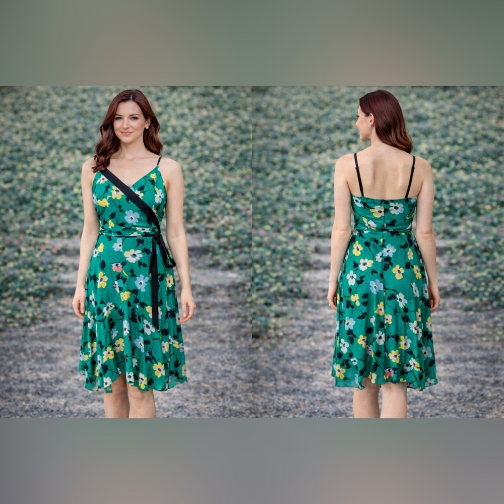 Banana Republic Midi Dress 10 Green Black Yellow Floral Flowy NWT Washable $109